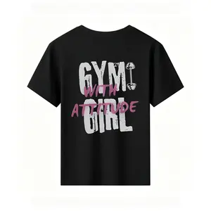 Women’s Black Bold Letter Gym Fitness T‑Shirt, Motivational Round Neck Workout Top, Machine Washable Spring Summer Activewear