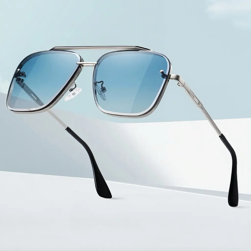 Oversized Classic Square Pilot Sunglasses for Men & Women, Full Rim Metal Frame, UV400 Polarized Gradient Blue Lenses, Ideal for Beach, Driving & Everyday Use - Men's Polarized Sunglasses, Fashionable Multifunctional Shades, Square Framed Sunglasses, Sung