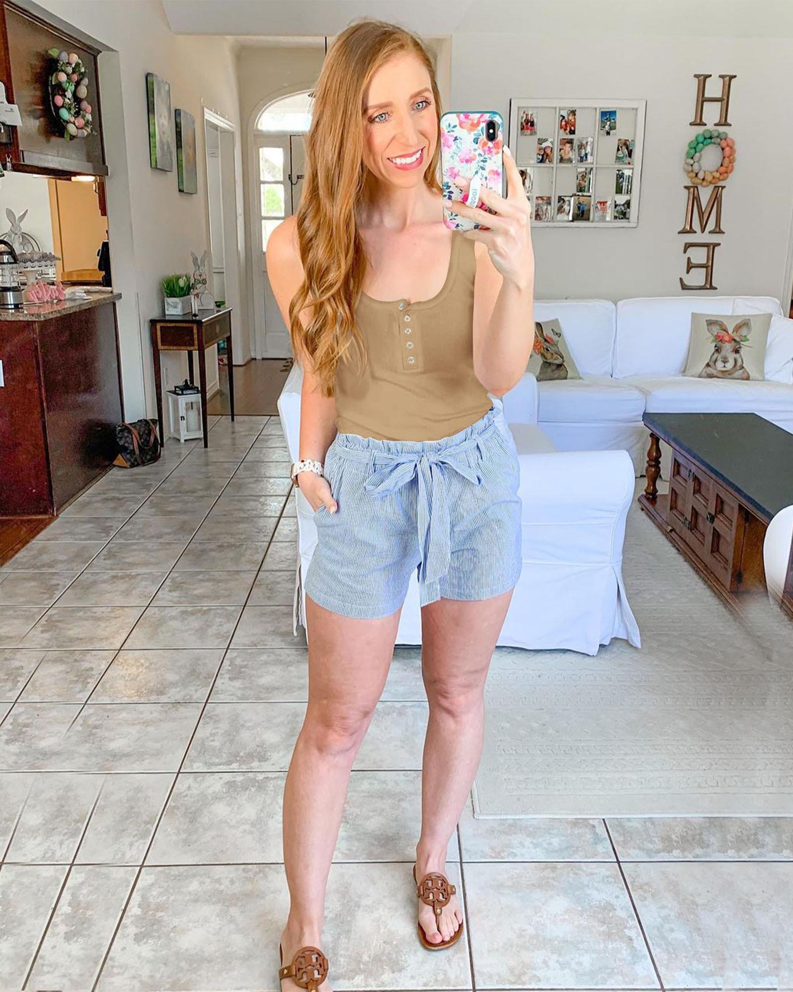 BTFBM Women's Summer Vest Ribbed Tank Tops Crew Neck Button Down Sleeveless Tunic Blouse