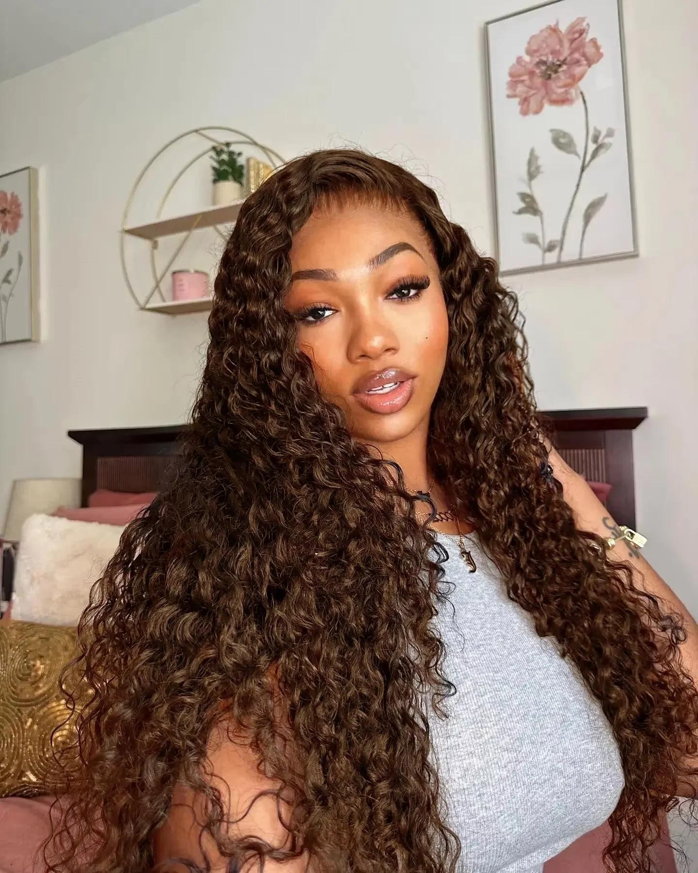 Bling Hair Chocolate Brown Color Deep Wave 13x4 Lace Front Human Hair Wig 180% Density 30 32Inch Hd Transparent 13x6 Lace Frontal Wigs For Black Women