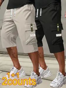 Men’s solid-color cargo pants, 3-pack, featuring a drawstring waist and flap pockets; suitable for everyday casual wear; multifunctional pants; non-stretch fabric; comfortable fit; ideal for work and leisure activities; appropriate for various occasions.