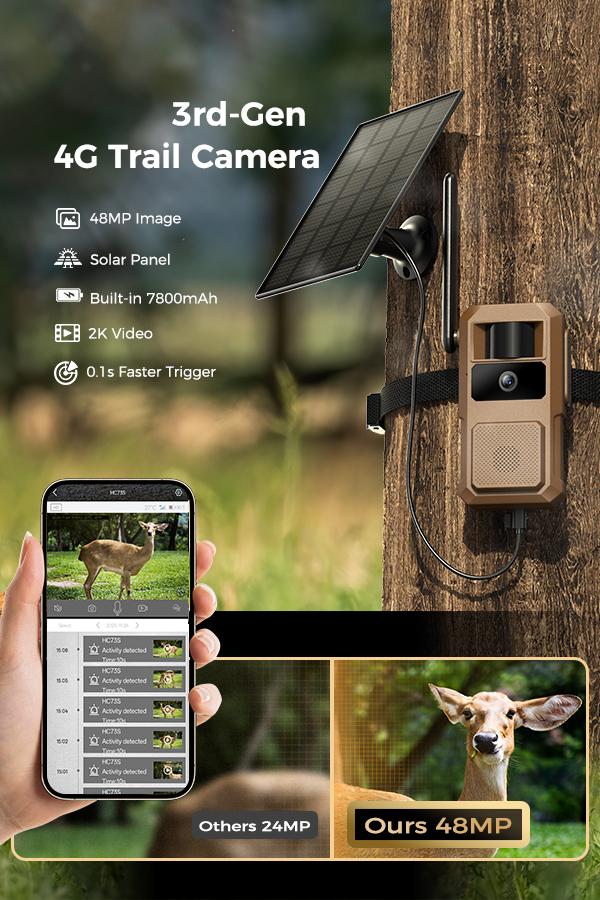 4G LTE Solar Powered Game Camera HC73S– 48MP Ultra-HD Image 2K Live Video, WiFi Not Supported, Remote APP Controlled, WaterProof, Motion Activated, Night Vision (Data refill is required for Unlimited 4G data usage) Outdoor