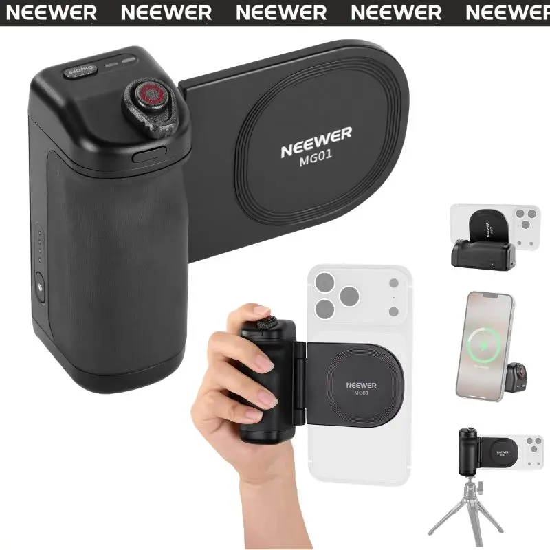 NEEWER MG01 2026 Upgraded  Magnetic Phone Grip with Rechargeable Detachable Bluetooth Remote, Compatible with iPhone/Samsung/Android, Ergonomic Handle Holder with 3500mAh Battery, Support Wireless Charging, Steady Shots for Outdoor/Indoor, Vlogging summer
