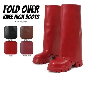 Womens Knee High Boots Fold Over Boot Round Toe Chunky Platform Heel Side Zipper Closure Comfy Rugged Lug Sole Shark Style Easy Pull on Casual Work Wear Party Outdoor All Season Fashion Gaiter Tall Long Dressy Shoes