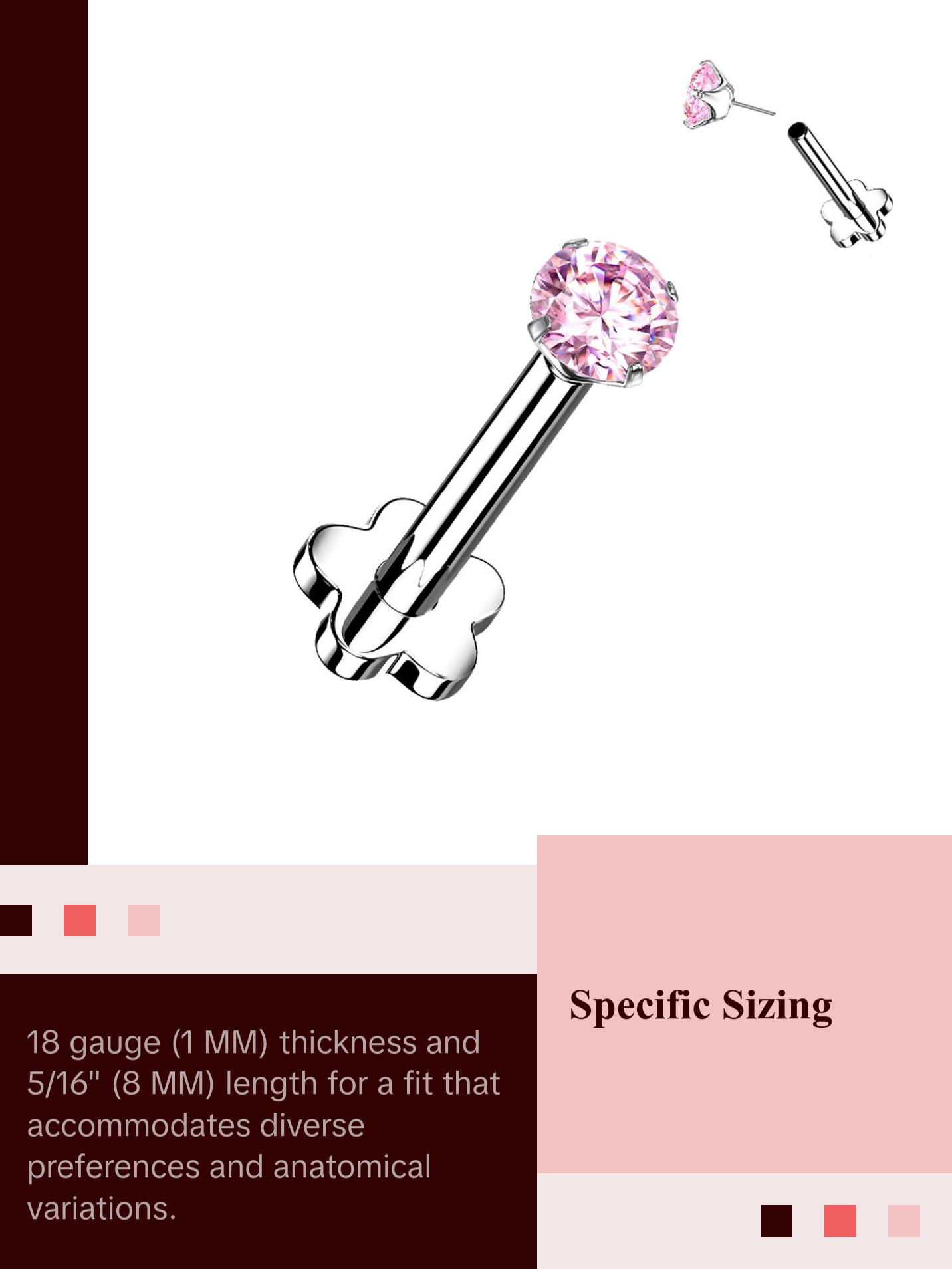 Titanium Monroe / Labret Stud Ring 18 Gauge Threadless Gem Flower Back