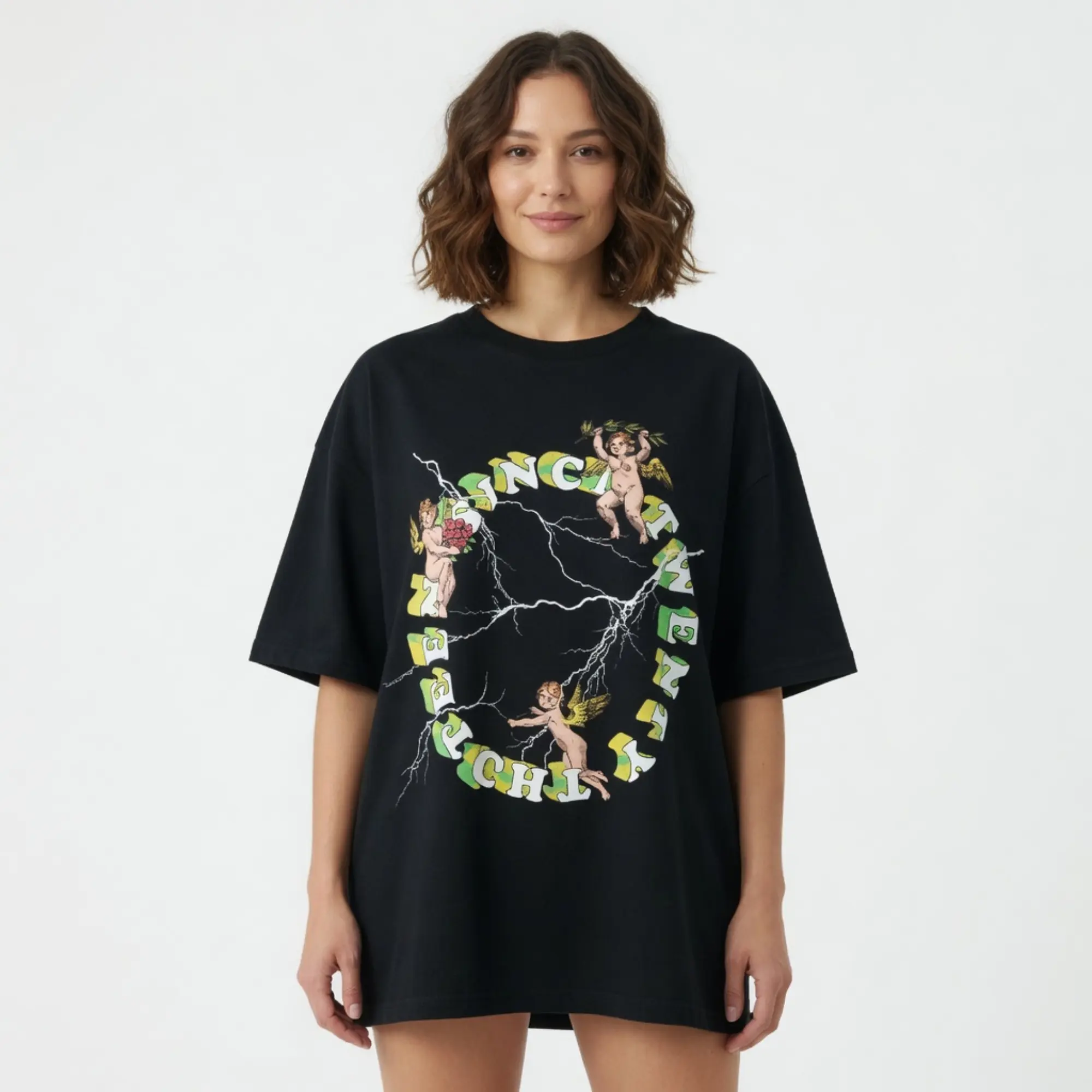 Men's Boohooman Plus Angel Lightning Graphic Black T-Shirt