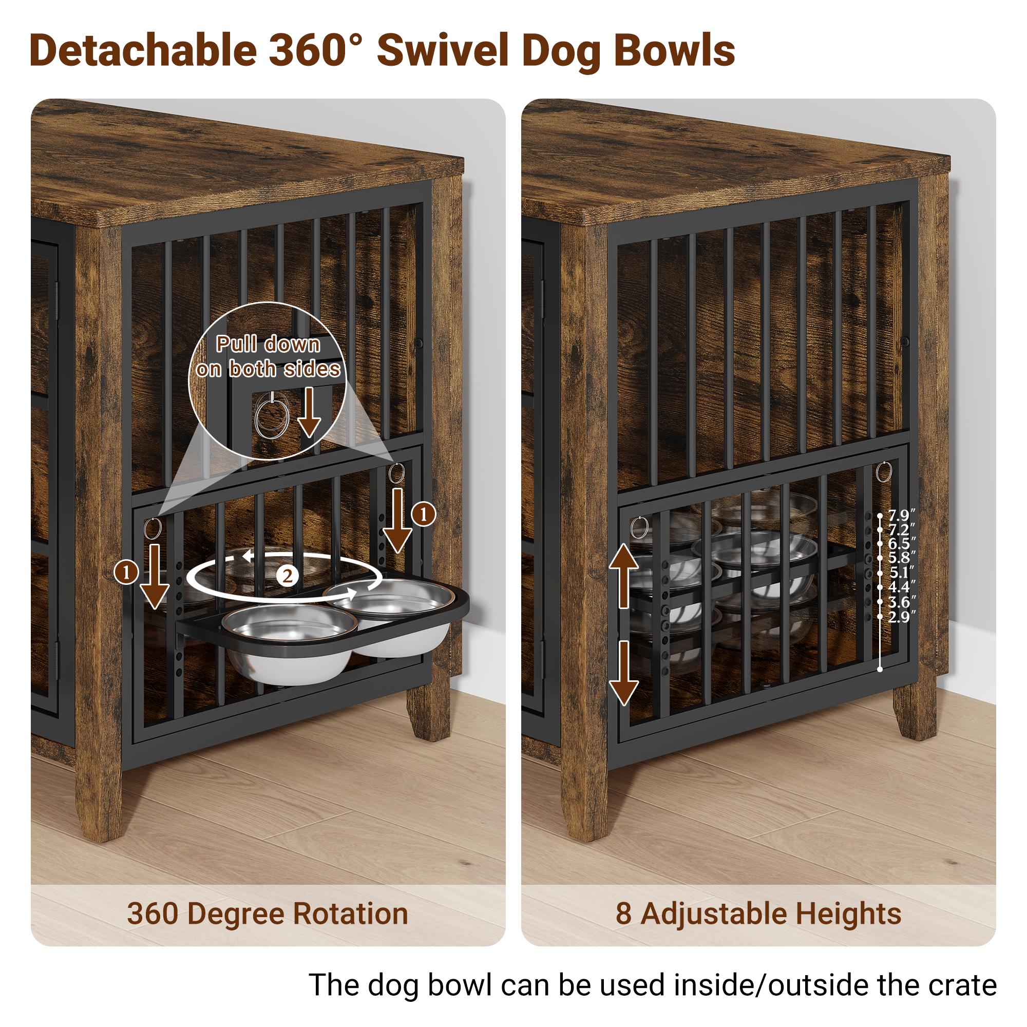Aowos Wooden Dog Crate Furniture, Stylish Dogs Kennel for Small to Extra Large, Double Door & A Cushion & 360° Wheel, Single Door & 2 Bowels, 27''/32''/38''/44'', Metal, Chew-Proof Design, Dog Cage