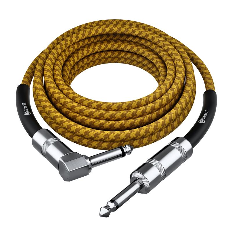 Right Angle to Straight 1/4 Inch Male to Male Guitar Instrument Cable, Yellow