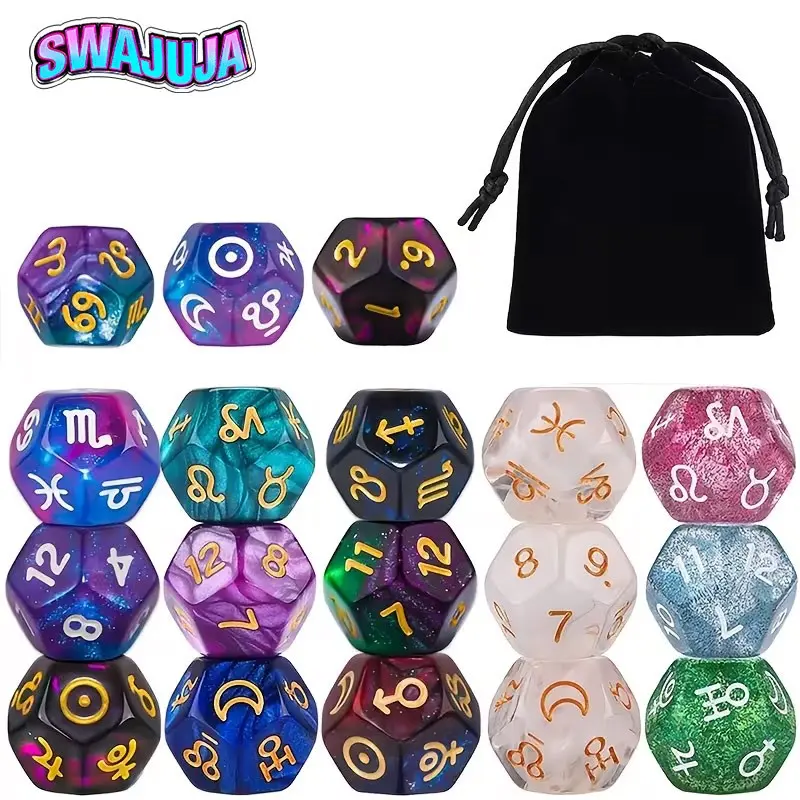 Set of 18 Astrology Dice, Polyhedral Dice Set, Featuring Zodiac Signs, Planets, And Numbers, Designed for Divination And Entertainment During Christmas Gatherings, Suitable for Card Games, Imaginative Play, And As Decorative Items, Bulk Dice