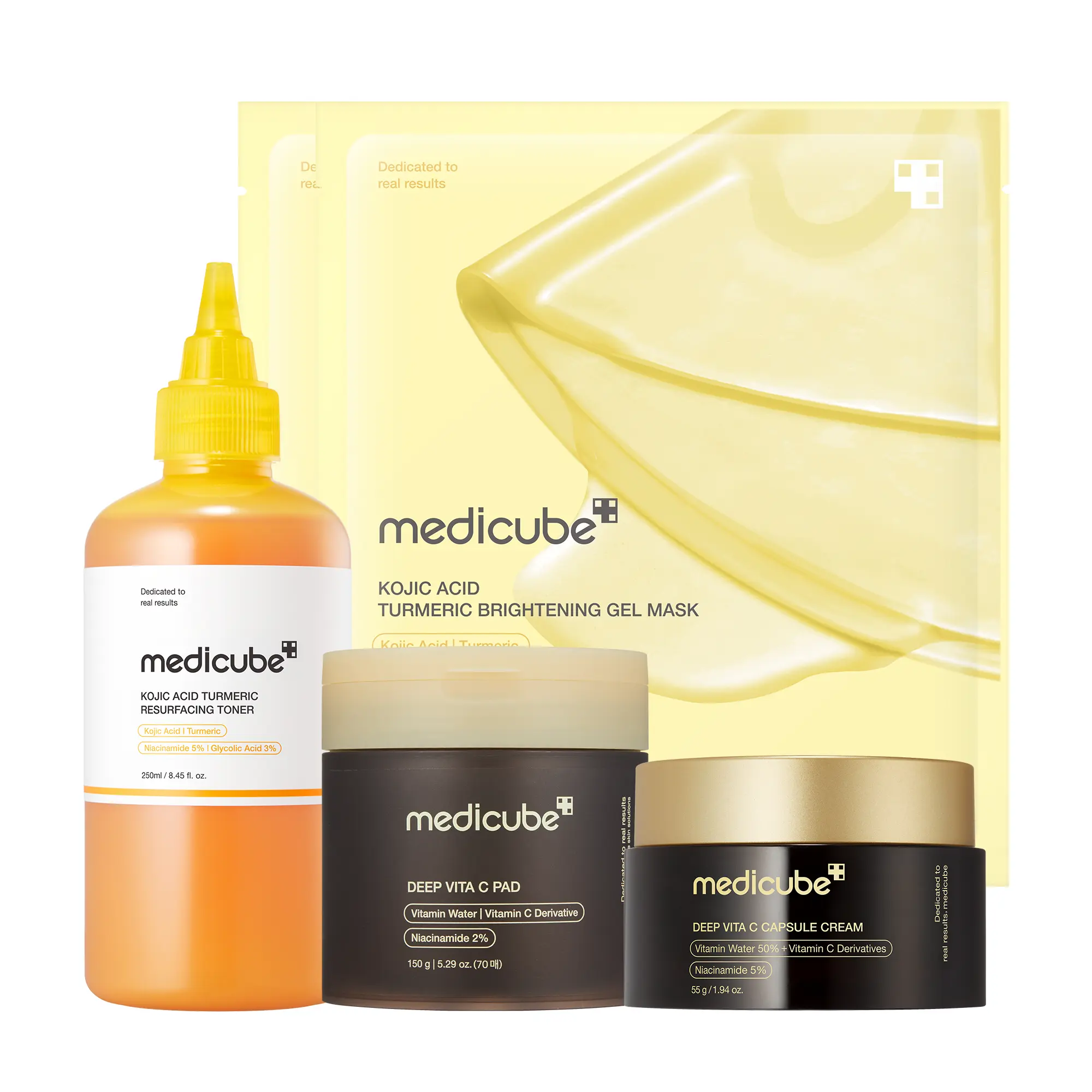 [medicube] Clear & Glow on a Budget SET | Kojic Acid Turmeric Toner for Face & Body, Vita C Toner Pads, Vita C Capsule Cream, Kojic Acid Turmeric Gel Mask