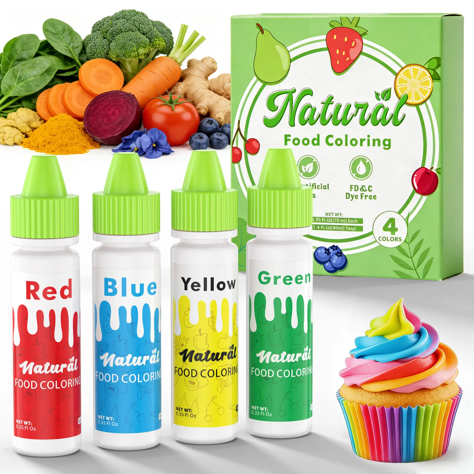 Natural Plant-Based  Food Coloring 4×0.35 Fl oz 10ml / Bottle Vegan Food Coloring for Icing & Frosting, Bright Colors for Cake Decorating, Kids-Safe Easter Baking Supplies  Cream Nata