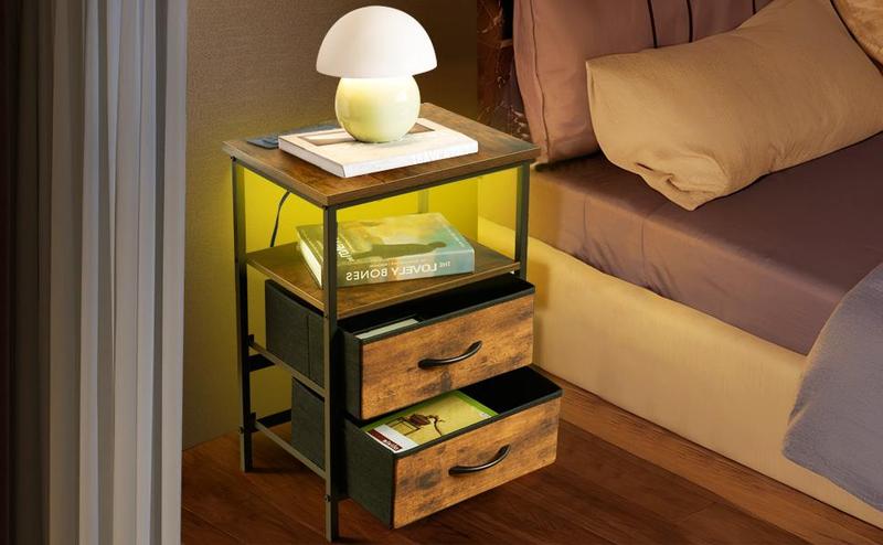 Homy Casa Anby 19" LED Nightstand Smart Side Table with USB Charging 2 Drawers RGB Mood Light Modern Bedroom Accent Table