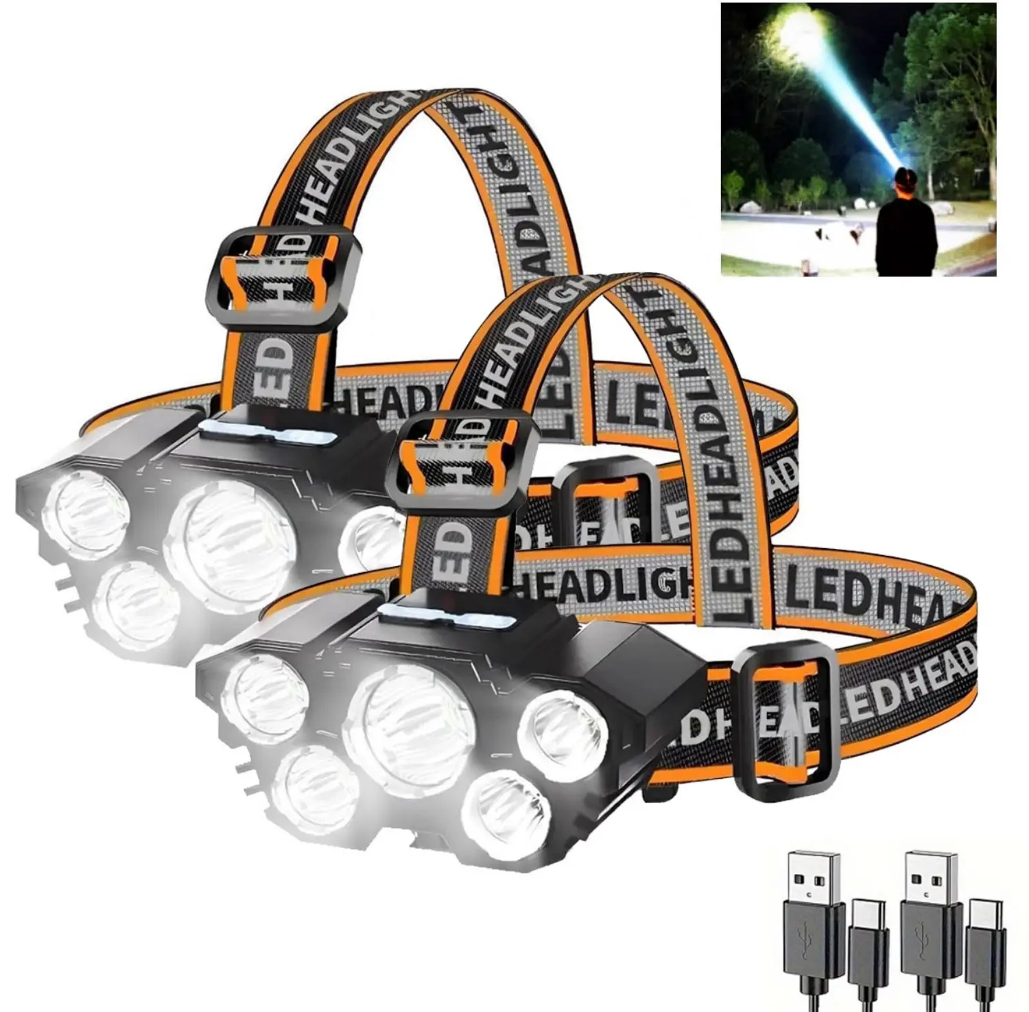 Adults' 2-Pack Rechargeable LED Headlamp - USB Rechargeable, 4 Lighting Modes, Waterproof, 180-Degree Adjustable Forehead/Hard Hat Light, Bright Outdoor Camping/Hiking Gift for Home & Party Supplies, Led Headlamp Rechargeable, Usb Rechargeable Headlamp
