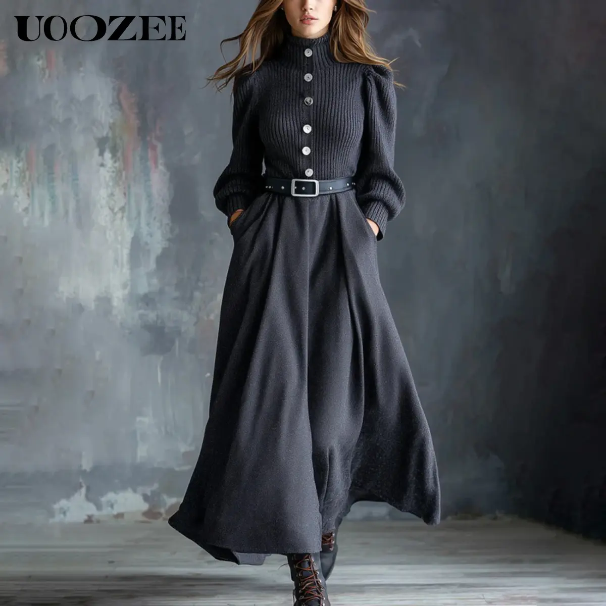 UOOZEE Women's Ribbed Knit A-Line Maxi Dress - Long Sleeve Mock Neck Belted Style for Lady with Pockets, Casual Fall Evening Wear, Skirt, Strappy, Statement, Puffed, Casual Dresses, A-Line Dress