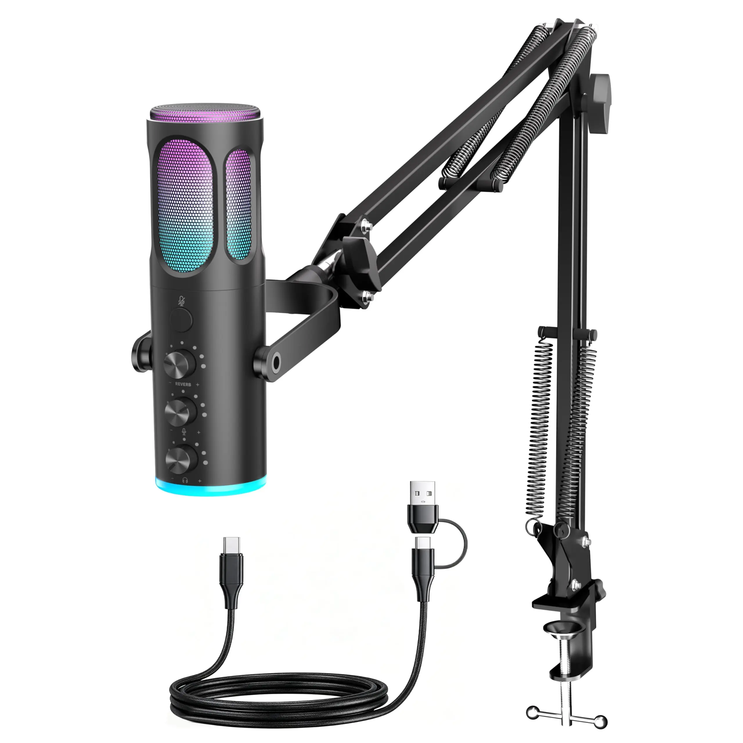 PUPGSIS RGB USB Condenser Gaming Microphone, Noise Reduction Mic with Adjustable Boom Arm, Plug & Play for PC PS4 PS5 Streaming Podcast