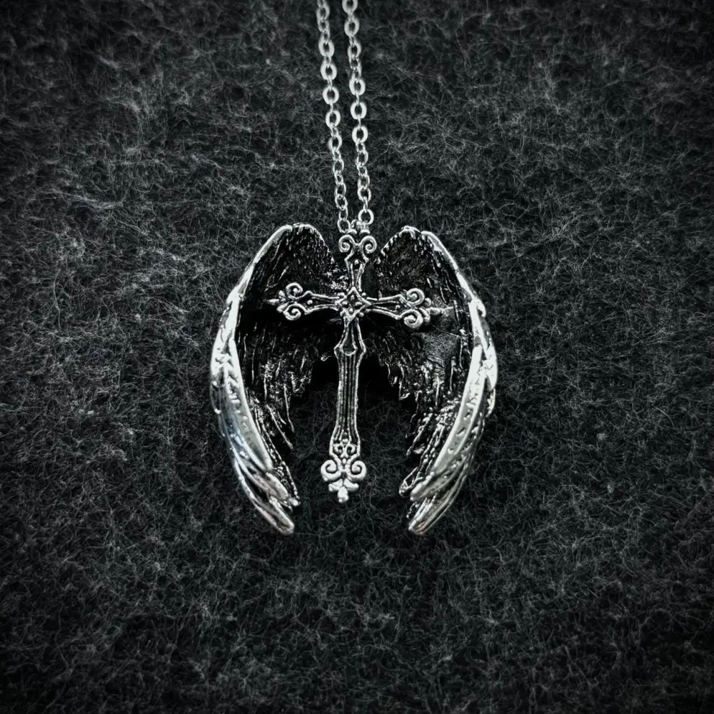 Gothic Retro Guardian Angel Wings Cross Pendant Necklace - 60cm Punk Men's Jewelry, Cross Emblem, Angel-Themed, Dark Fantasy Autumn Rapper Accessory men Chain, Cross Emblem Necklaces, Angel-Themed Necklaces