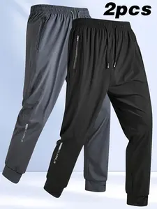 Men’s 2-pack summer joggers: lightweight, breathable jogger pants with a quick-dry stretch fabric and elastic waistband featuring zippered pockets; suitable for casual sports, jogging, and everyday wear; also great as gifts.