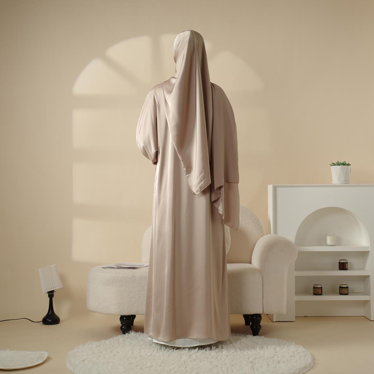 Poet Sleeve Satin Abaya Set | 4-Piece Satin Design | Shimmering Gem Details | Includes Open Abaya, Fitted Inner Dress, Hijab, Belt | Side Pockets & Round Neckline | Full-Length Elegance | Perfect for Weddings & Formal Events | elegant maxi winter jilbabs