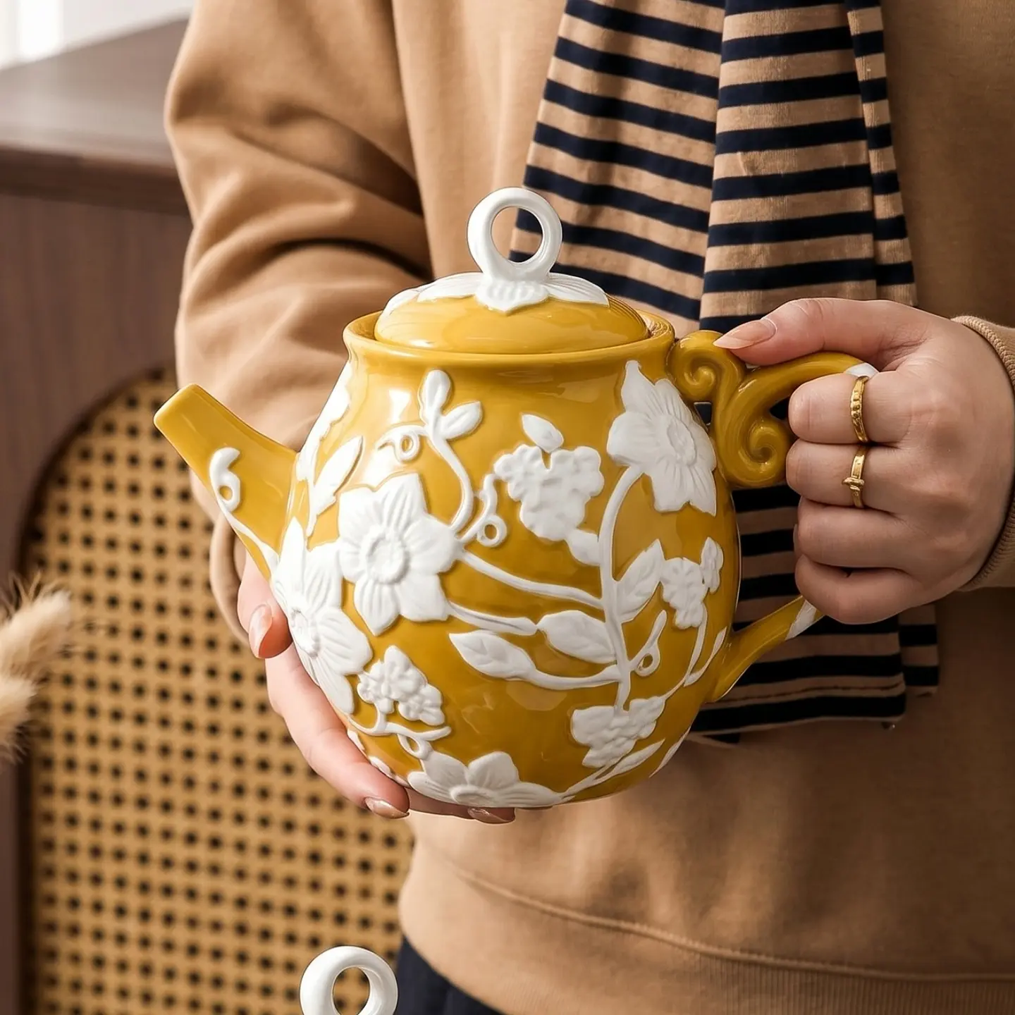 HongDian Mustard Yellow Ceramic Teapot,1100ml 37 oz Large Floral Relief Tea Pot,White Raised Flower Pattern,Premium Ceramic,Underglaze Non Fading,Easy Pour Handle Design,For Hot Tea,Flower Tea,Milk Tea,Coffee Bar,Microwave Dishwasher Safe