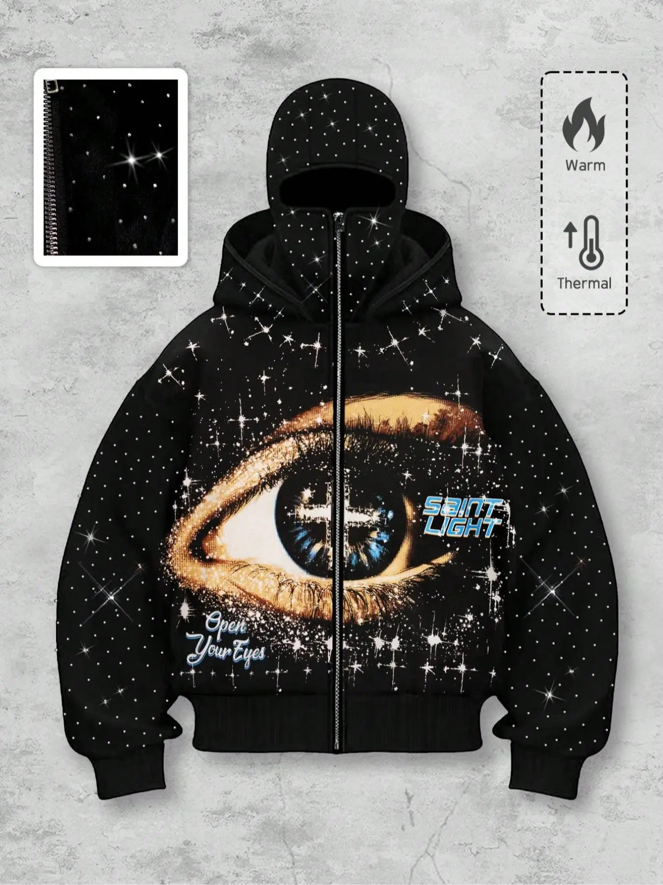 Hot selling hoodie with eye pattern zipper cardigan for men's street style casual rhinestone decoration windproof hat with two hats, jacket for men's autumn and winter plus velvet jacket, hooded sweatshirt Long Sleeve Heavyweight Streetwear Sweatshirts