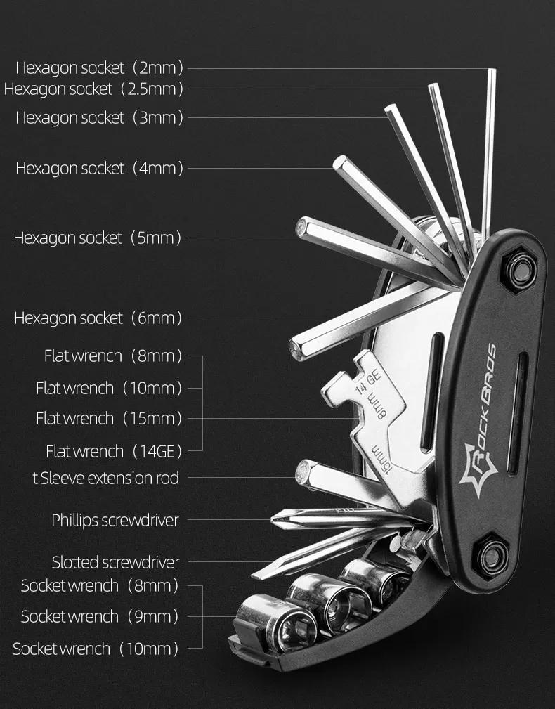 ROCKBROS Bike Foldable Repair Kit 16-in-1 Multi-Function Portable Allen Wrench and Tire Lever