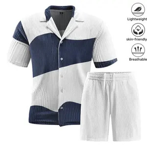 Men’s Colorblock Short Sleeve Set – Summer Casual Cuban Collar Shirt and Shorts Two-Piece