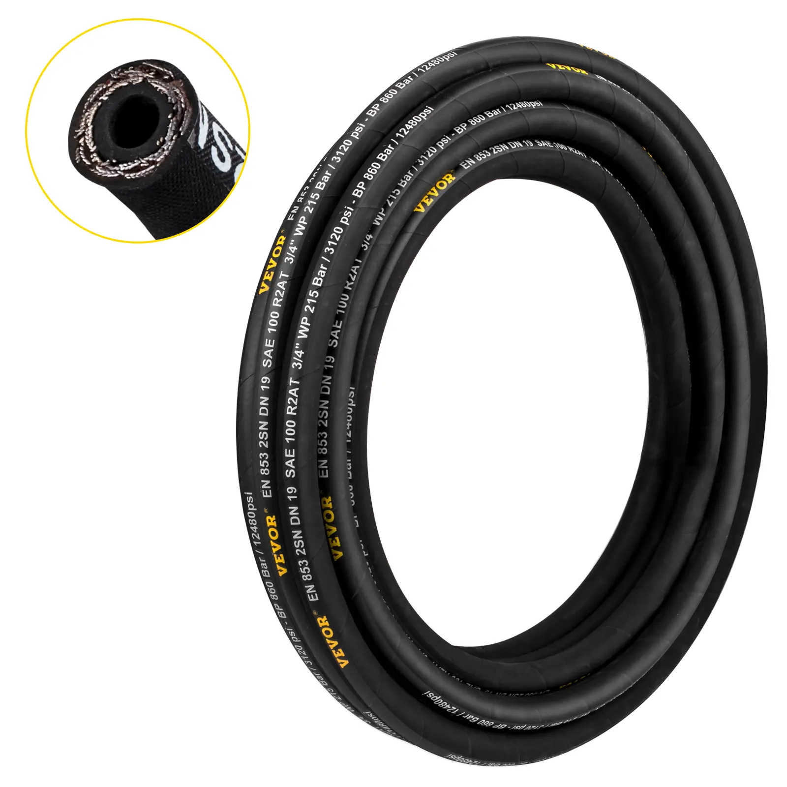 【Summerfinds】VEVOR Hydraulic Hose 3/8 inch x 100 ft Coiled Hydraulic Hose 4800 PSIRubber Hydraulic Hose with 2 High-Tensile Steel Wire BraidBulk Hydraulic Hose -20°C to 140°CHydraulic Oil Flexible Hose