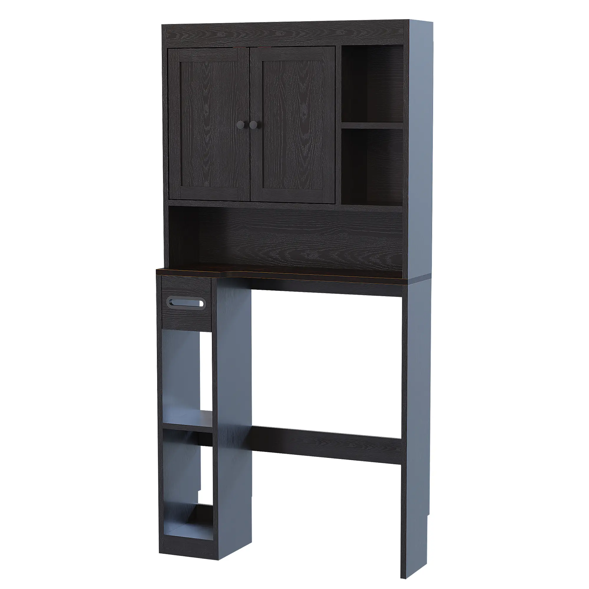 NIVISRE-Black Farmhouse Over-the-Toilet Storage Cabinet, Freestanding Bathroom Organizer with 2 Doors, Open Shelves and Toilet Paper Holder, Space-Saving Toilet Rack for Bathroom, Restroom and Laundry Room