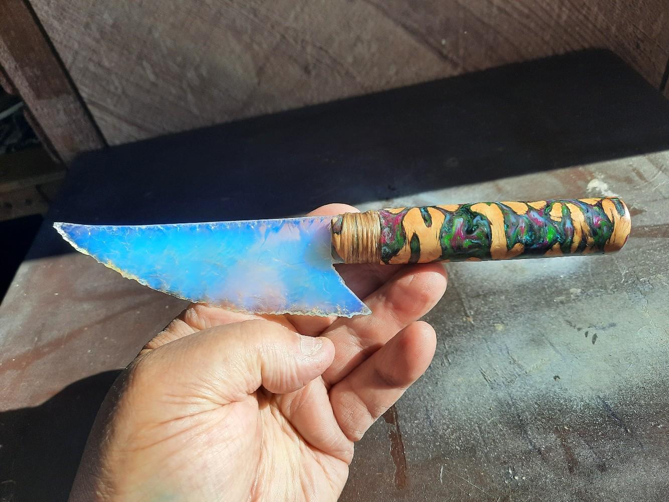 10 Inches Opalized Glass Blade Knife with Cholla Cactus Wood and Acrylic Custom Handle - Kitchen Utensil & Gadget - Knives, Wooden