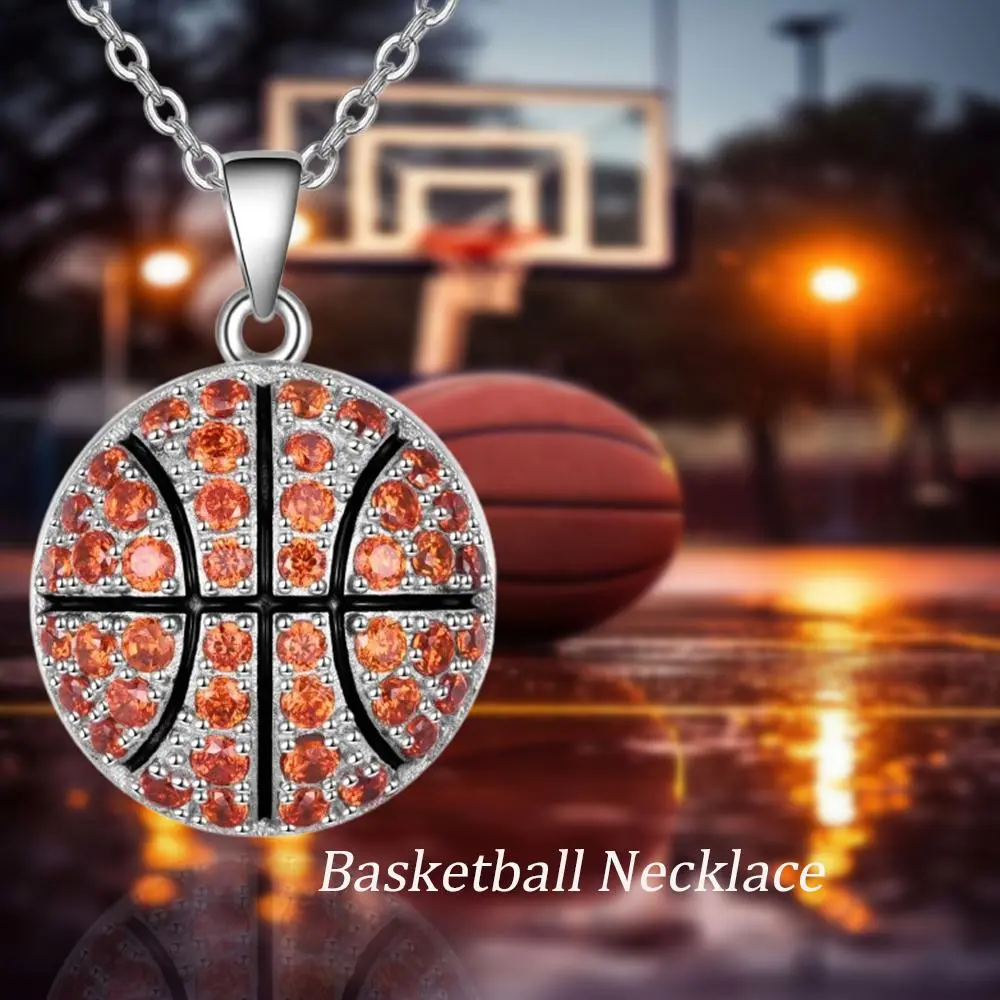 Geometric Basketball Necklace with Cubic Zirconia Pendant, Long Durable Chain for Coaches, Casual Birthday Gift for Enthusiasts, Teams, Daily, Eye