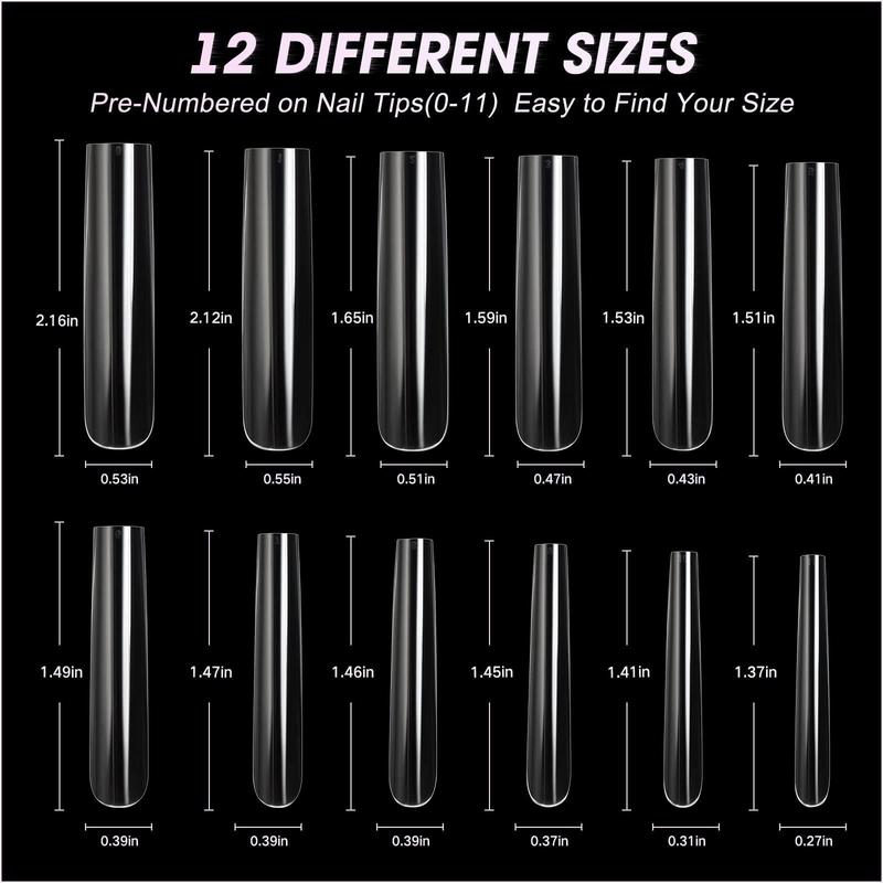 Extra Long Square Full Cover Nail Tips 240PCS XXXL Clear Full Cover Fake Nails False Nails 12 Sizes Tapered Square Press on Fake Nail Tips for Acrylic Nails Salons Home DIY with Box