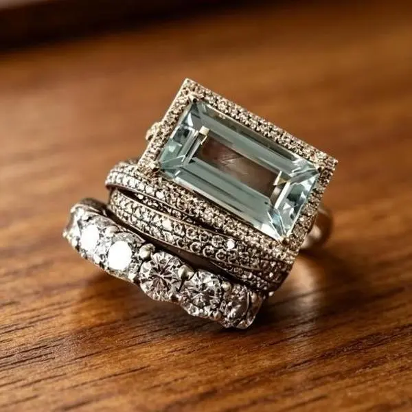 Unisex 3Pcs Stackable Geometric-Shaped CZ Rings - Silver-Plated Retro Statement Rings, Graduation Father's Day Gift, Geometric-Shaped Rings Iced Out Zircon Sparkling Zircon Inlay