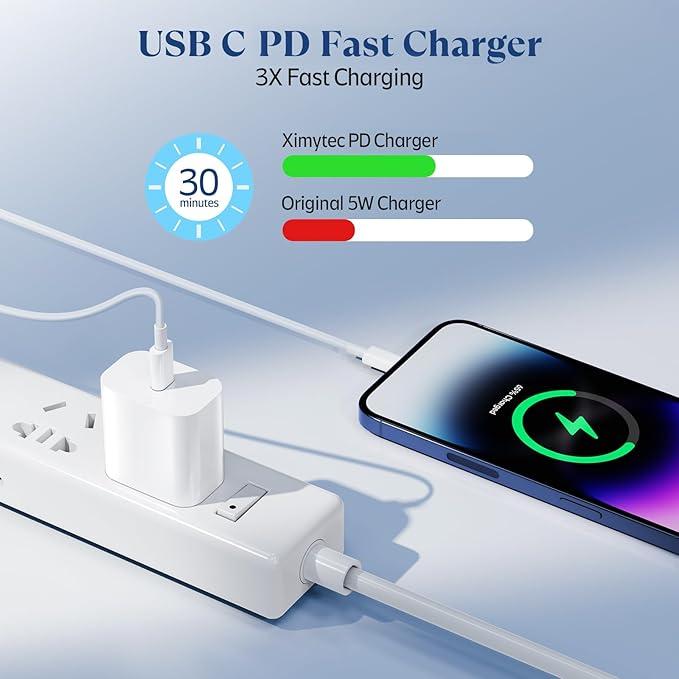 2-Pack 20W Super Fast Charging USB-C Wall Charger Block with 2-Pack 10FT/6FT USB-C to Lightning Cable for iPhone 17/16/15/14/13/12/11 Pro Max，and so on