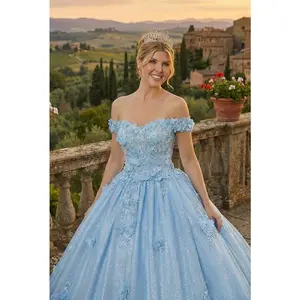 Off Shoulder Floral Applique Corset Ball Quince Dress