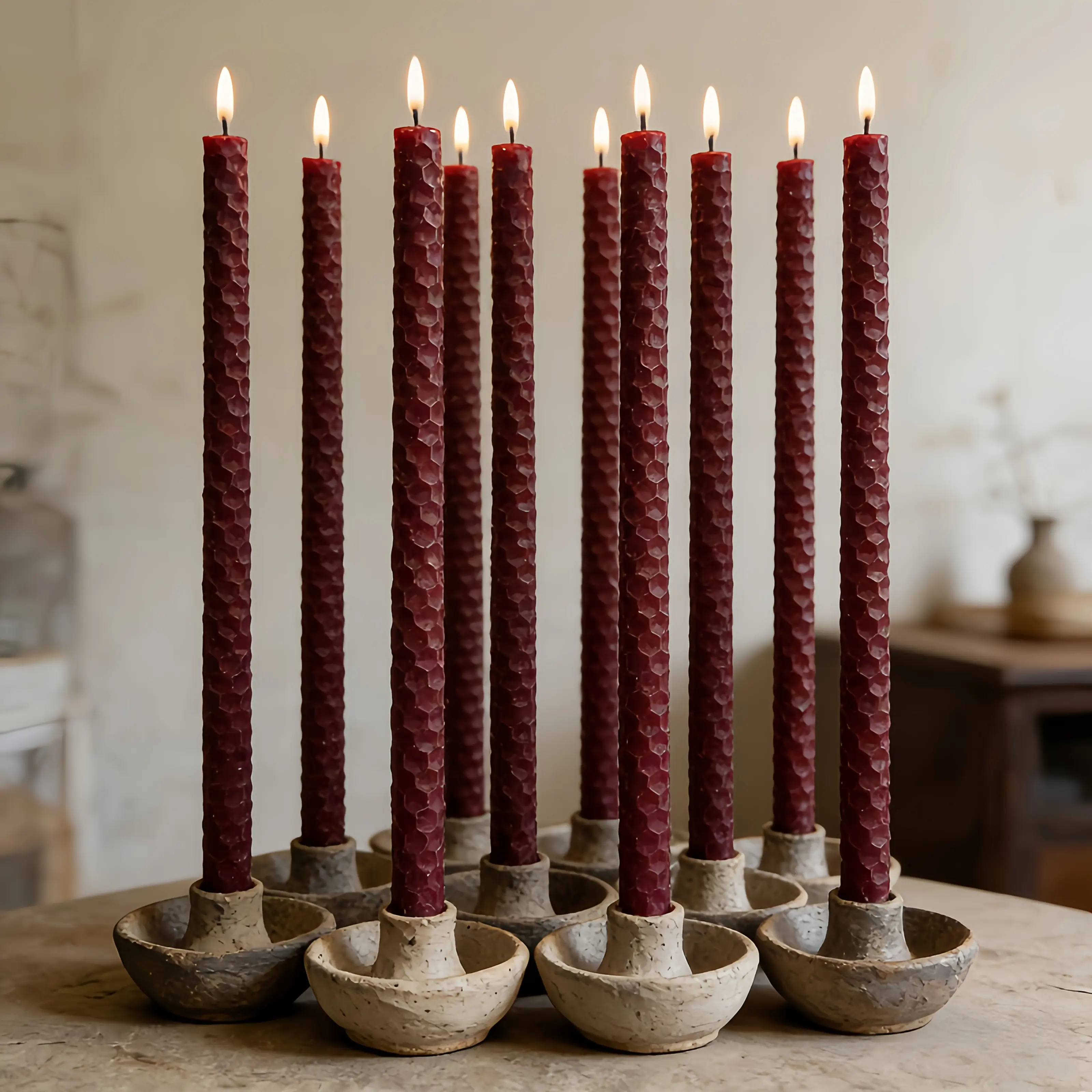 10pcs 1x20cm Burgundy Beeswax Taper Candles Set - Handmade Rolled Witch Spell Candles with Beeswax Wick, Spiritual Meditation Altar Decor, Holiday Gift in Box Pack for Home Decoration, Table, Ornaments
