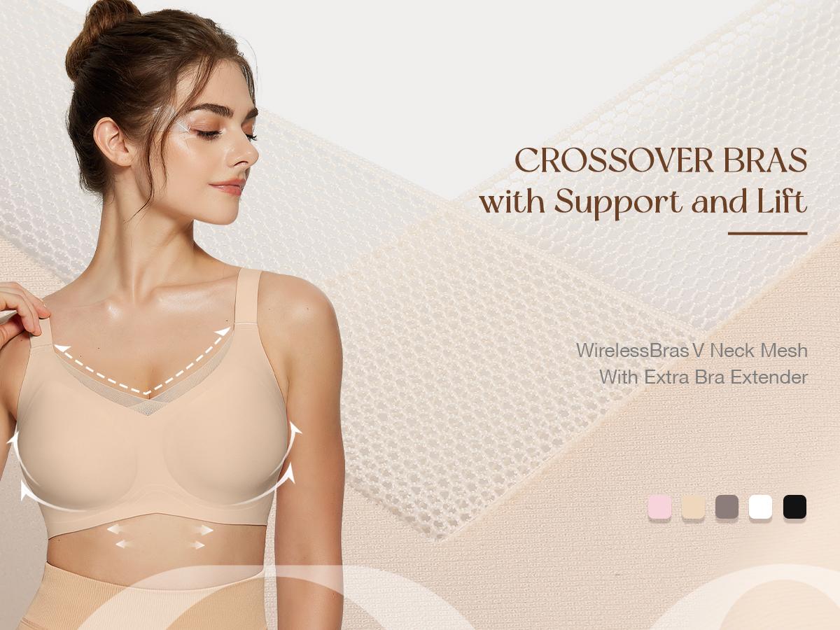 OEAK Women Jelly Bras Wireless V Neck Crossover Mesh Bras Comfortable Bralette Tshirt Bra No Underwire Seamless Everyday Bras