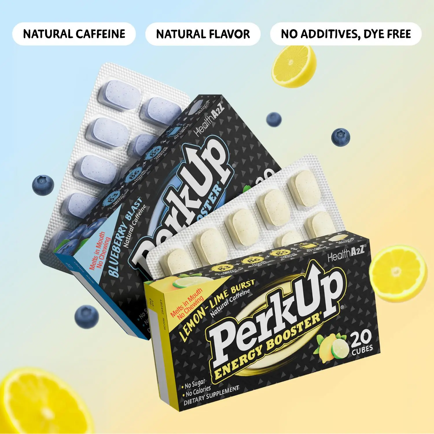 HealthA2Z PerkUp Energy Booster Melt-in-Mouth Cubes - 1 Pack (20 Cubes), 50mg Natural Caffeine, Vitamin B5, B Vitamins, Fruity, Sugar-Free, Dairy-Free | Clean Coffee/Energy Drink Alternative, No Jitters or Crash