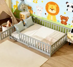 Full Size Floor Bed with Fence and Door Rubber Wood Floor Bed with Safety Guardrails for Co-Sleeping Transition and Playtime