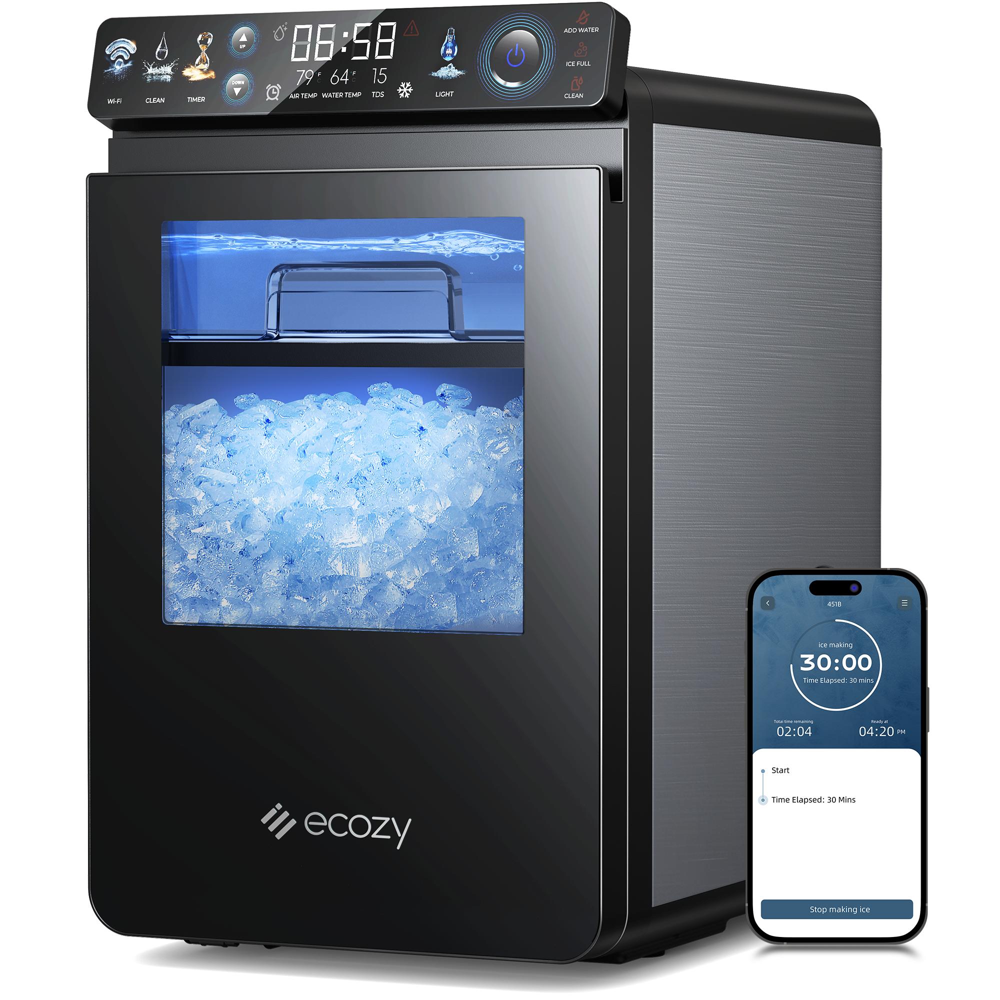 ecozy Countertop Sonic Nugget Ice Maker 33 lbs Daily Output,Self-Cleaning,Stainless Steel, Icemakermachine
