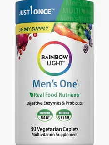 Rainbow Light Mens Multivitamin One + | 30 Caplets | Real Food Nutrients, Digestive Enzymes & Probiotics