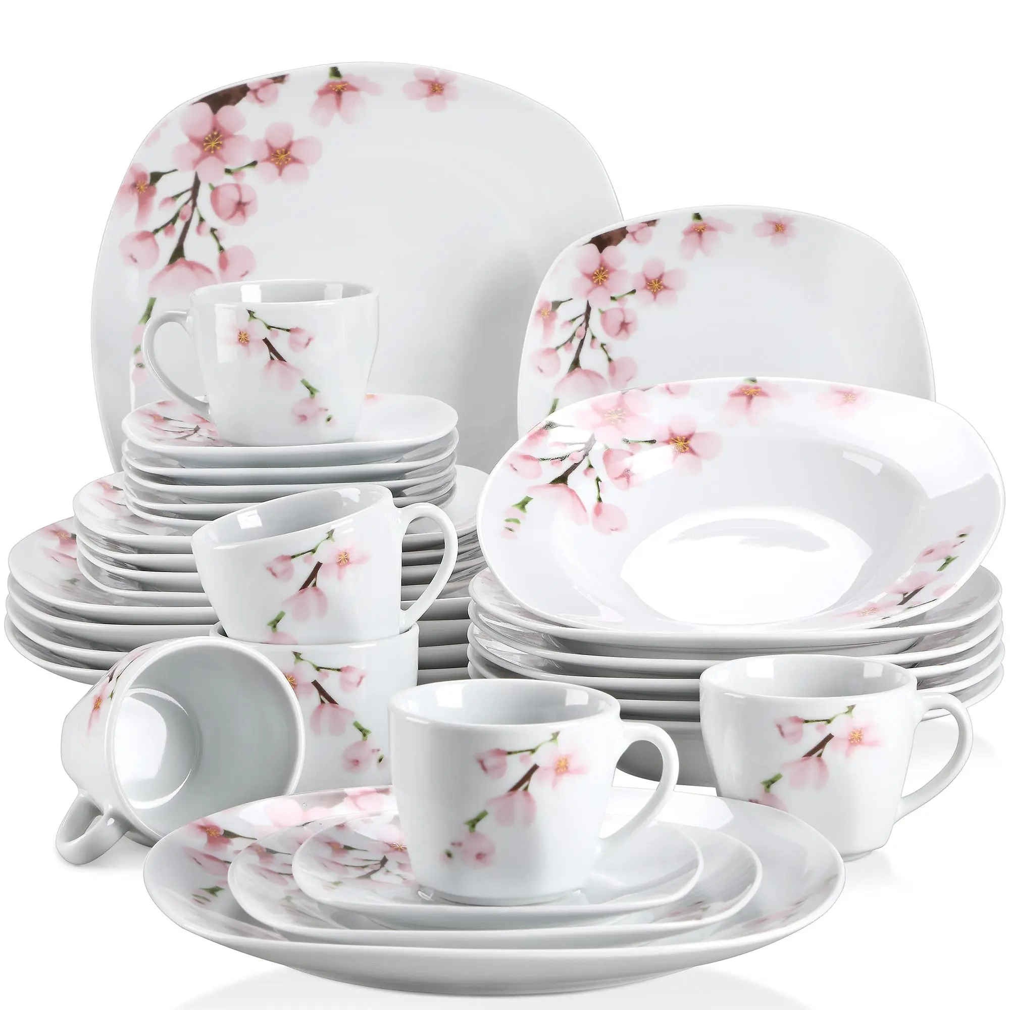 VEWEET Cutlery, Porcelain Dinnerware Sets for 4/6, White Tableware Dish Set with Pink Floral, 18/20/24/30 PCS Series Annie Winter Holiday