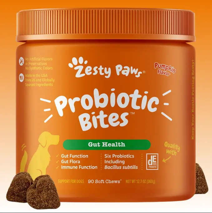 Zesty Paws Probiotic Bites for Dogs - Canine Nutritional Supplement with Six Probiotics for Gut Health & Immune Function