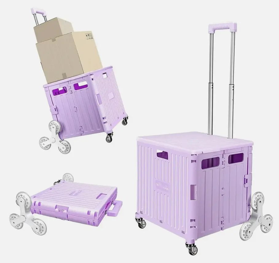 Foldable Collapsible Utility Rolling Cart, 65L stair-climbing cart with quiet 360° swivel wheels & telescoping handle, portable hand cart for grocery shopping, moving, office, teacher