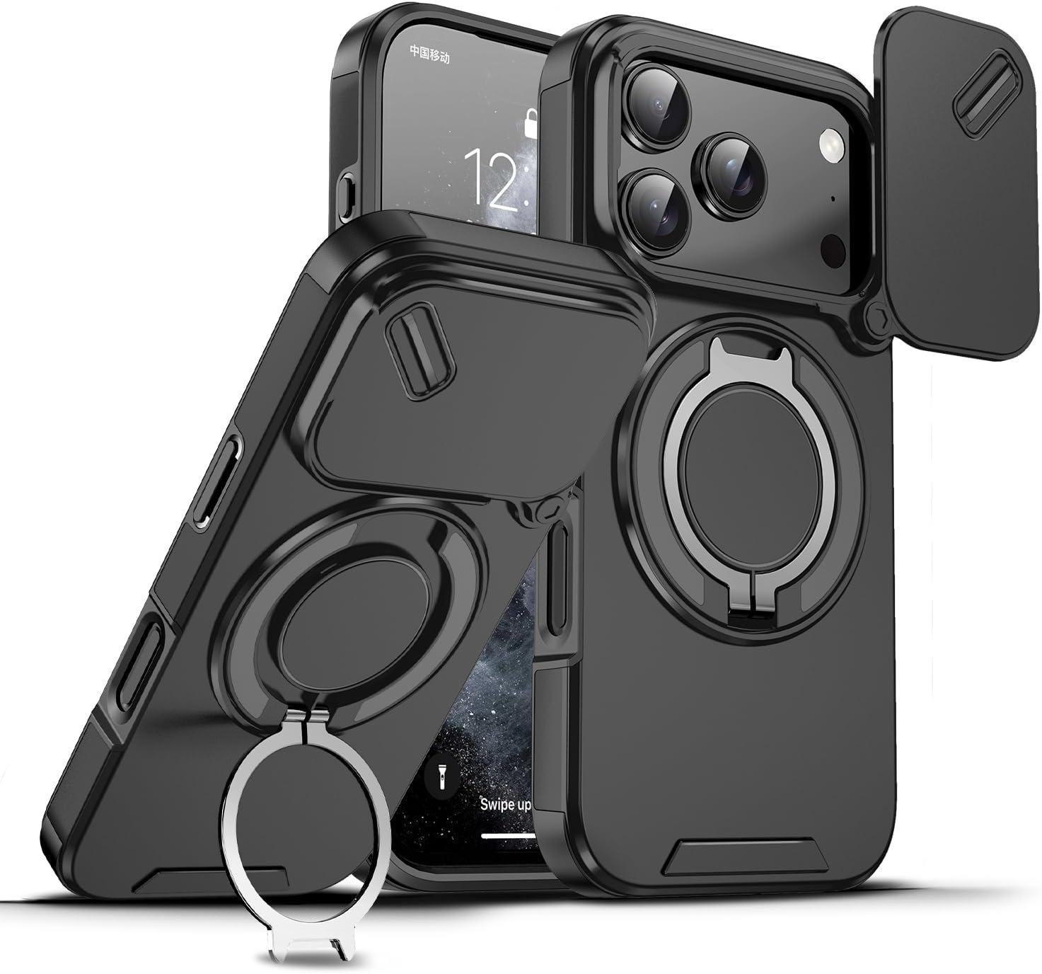 [Free!!Ship!] 360 Degree Rotated Stand Shockproof Case for iPhone 17 Pro Max 16 15 14 13 Slide Camera Lens Protection Phone Cover Compatible with Mag Safe