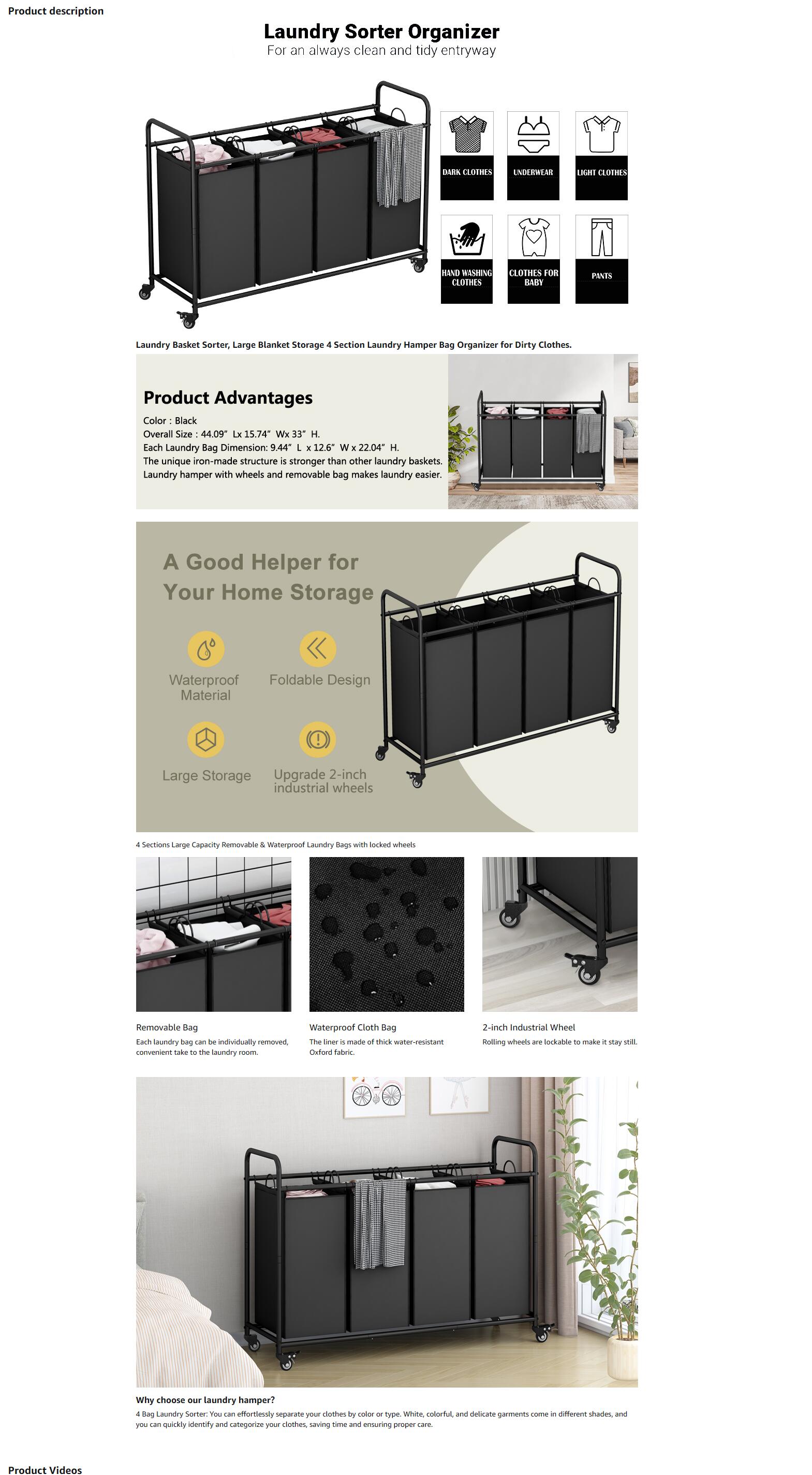 4 Bag Laundry Basket Sorter Laundry Hamper Cart with Heavy Duty Rolling Lockable Wheels and Removable Bags Organiser