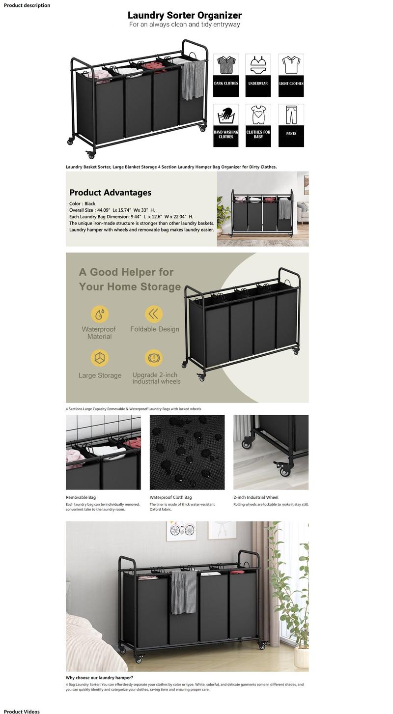 4 Bag Laundry Basket Sorter Laundry Hamper Cart with Heavy Duty Rolling Lockable Wheels and Removable Bags Organiser