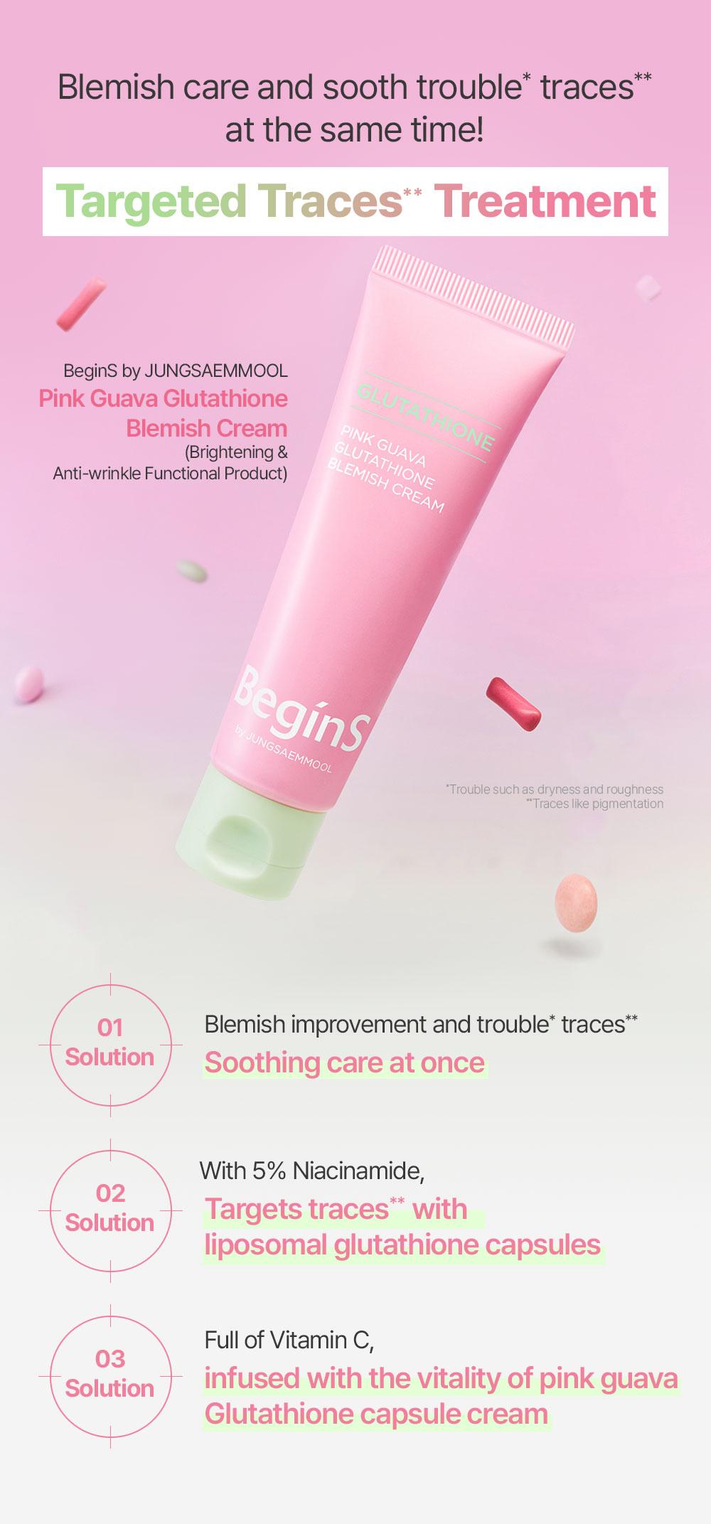 [BeginS by JUNGSAEMMOOL] Pink Guava Glutathione Blemish Cream | Korean Face Moisturizer | Glutathione Capsules, Niacinamide, Jeju Guava for Dark Spot Care and Radiant Glass Skin (1.7 Fl Oz)