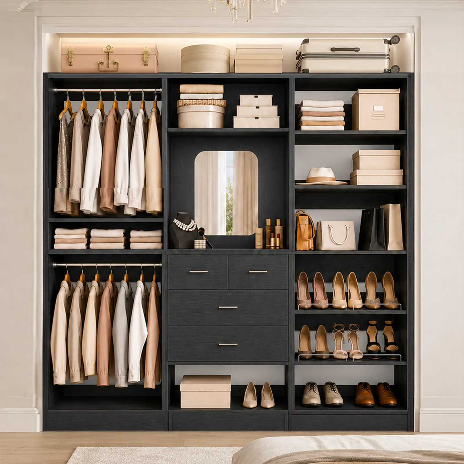 Black Modular Closet System - Wooden Freestanding Wardrobe Storage Unit, Modern Wood Clothes Armoire Walk-in Organizer Cabinet with Drawers and Adjustable Shelves for Bedroom Indoor Furniture