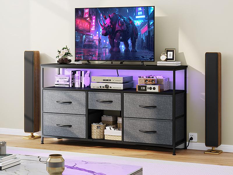 【Storage  LED TV Stand】 Raybee 5 Drawers Dresser & TV Stand for Living Room,Dresser for Bedroom Chest of 5 Drawers Cabinet TV Stand with LED Lights Entertainment Table with Built-in Power Outlets USB Ports for Hallway,43''W × 12''D × 31‘’H