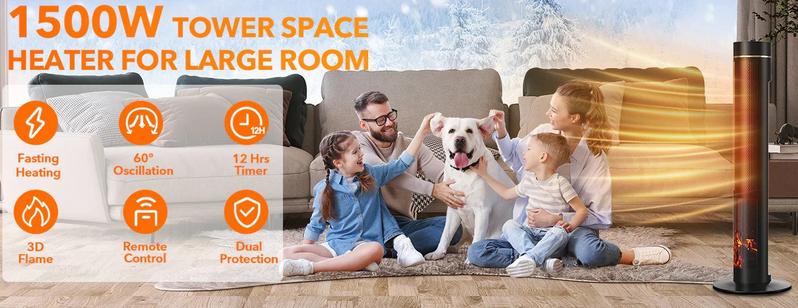 36 inches 1500W Electric Tower Space Heater with 3D Realistic Flame, Remote, Fast Heating, Adjustable Thermostat,3 Modes, Overheating &Tip-over Protection, Oscillating for Indoor Use Portable